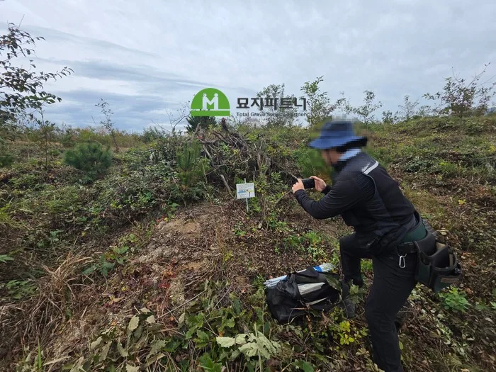 번호 표지와 함께 분묘 상태를 사진으로 남깁니다